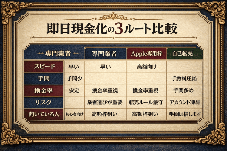 ペイディ現金化の3つの方法をスピードや手間で比較した図表