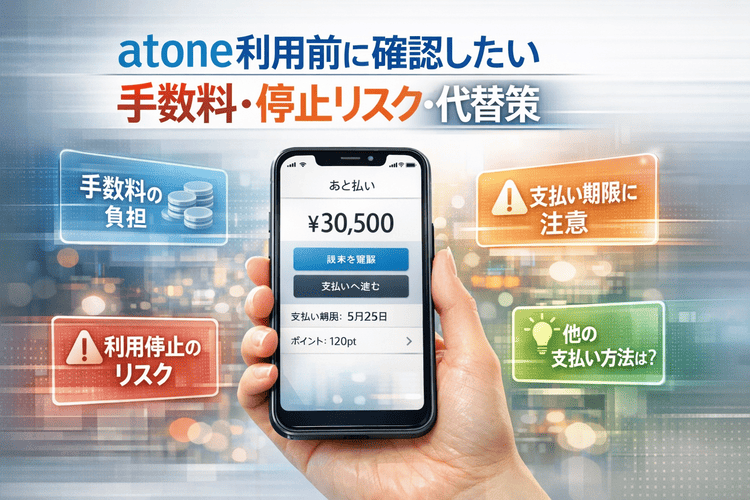 atoneの利用前に手数料や利用停止リスク、代替策を確認する必要性を示した情報ビジュアル