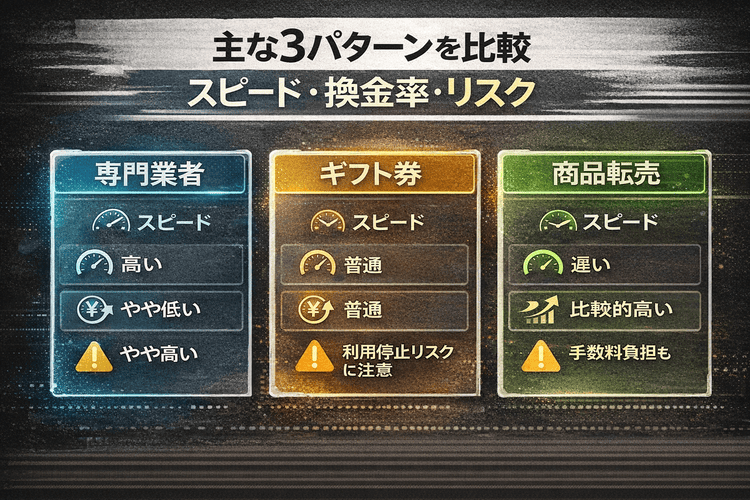 atone関連の3つの換金ルートについてスピード、換金率、リスクを比較したカード型図解