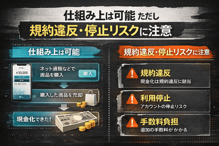 atoneの利用で現金化は仕組み上可能でも規約違反やアカウント停止リスクがあることを示す比較図